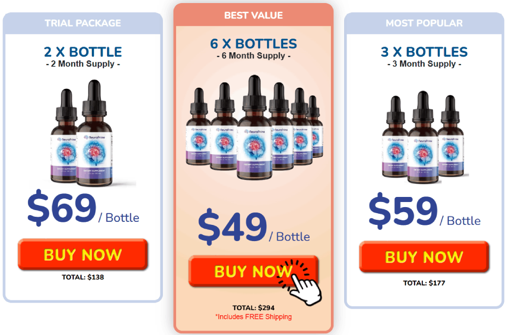 NeuroPrime pricing options showing different package sizes and savings