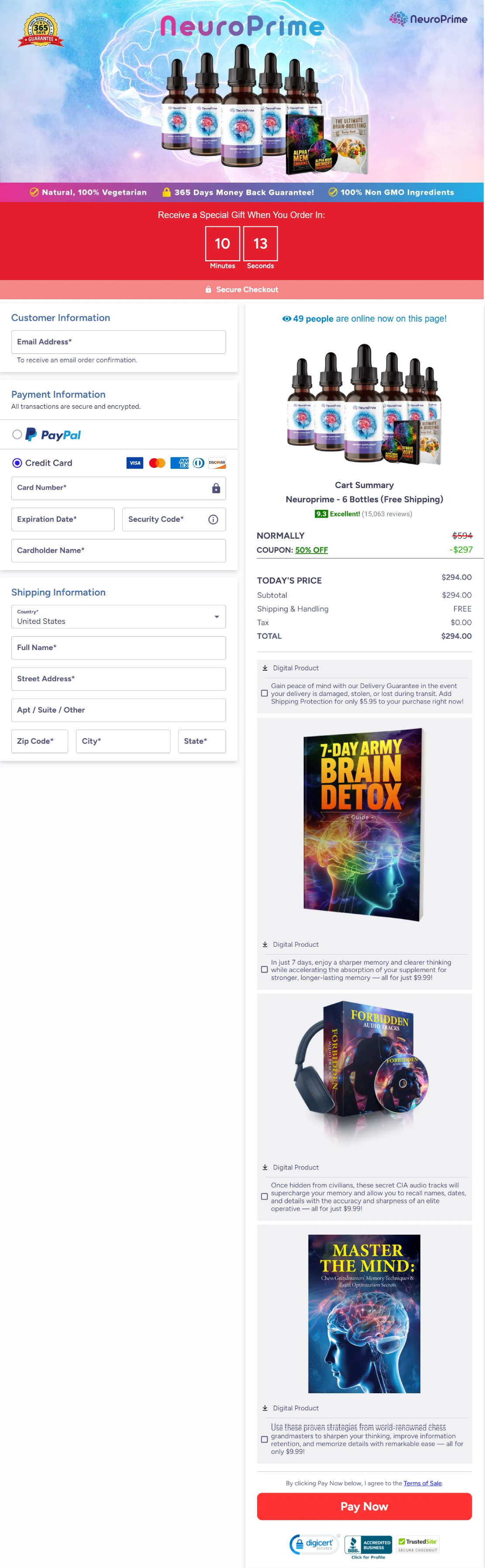 NeuroPrime secure checkout page with safe and encrypted payment process